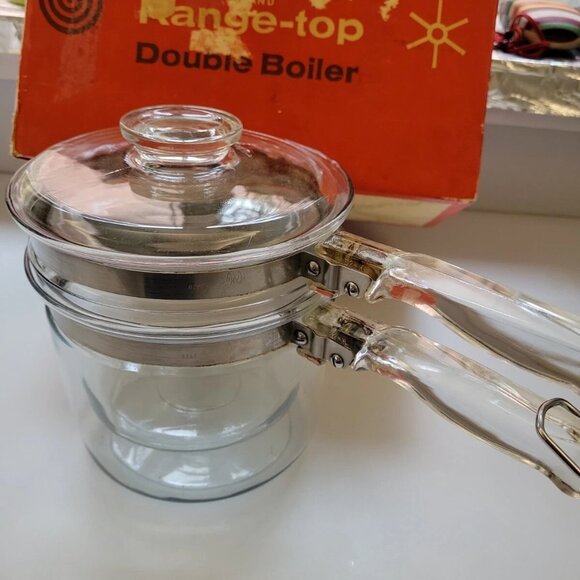Vintage 1950's Pyrex Flameware 3pc Clear Glass Double Boiler SeComplete w/Lid - Picture 6 of 7